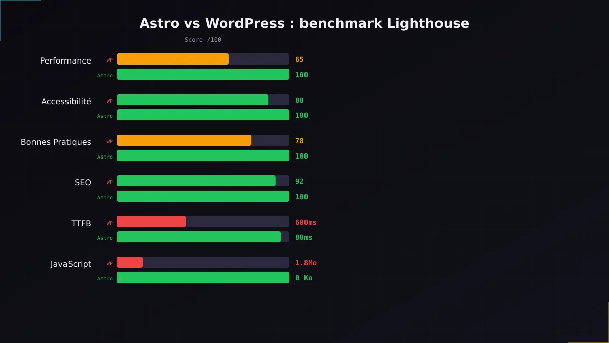 Benchmark Lighthouse comparant les scores Astro vs WordPress sur 6 métriques clés