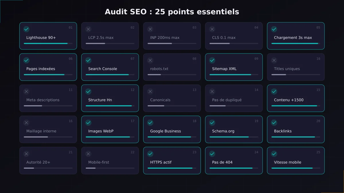 Grille des 25 points essentiels d'un audit SEO avec indicateurs de validation