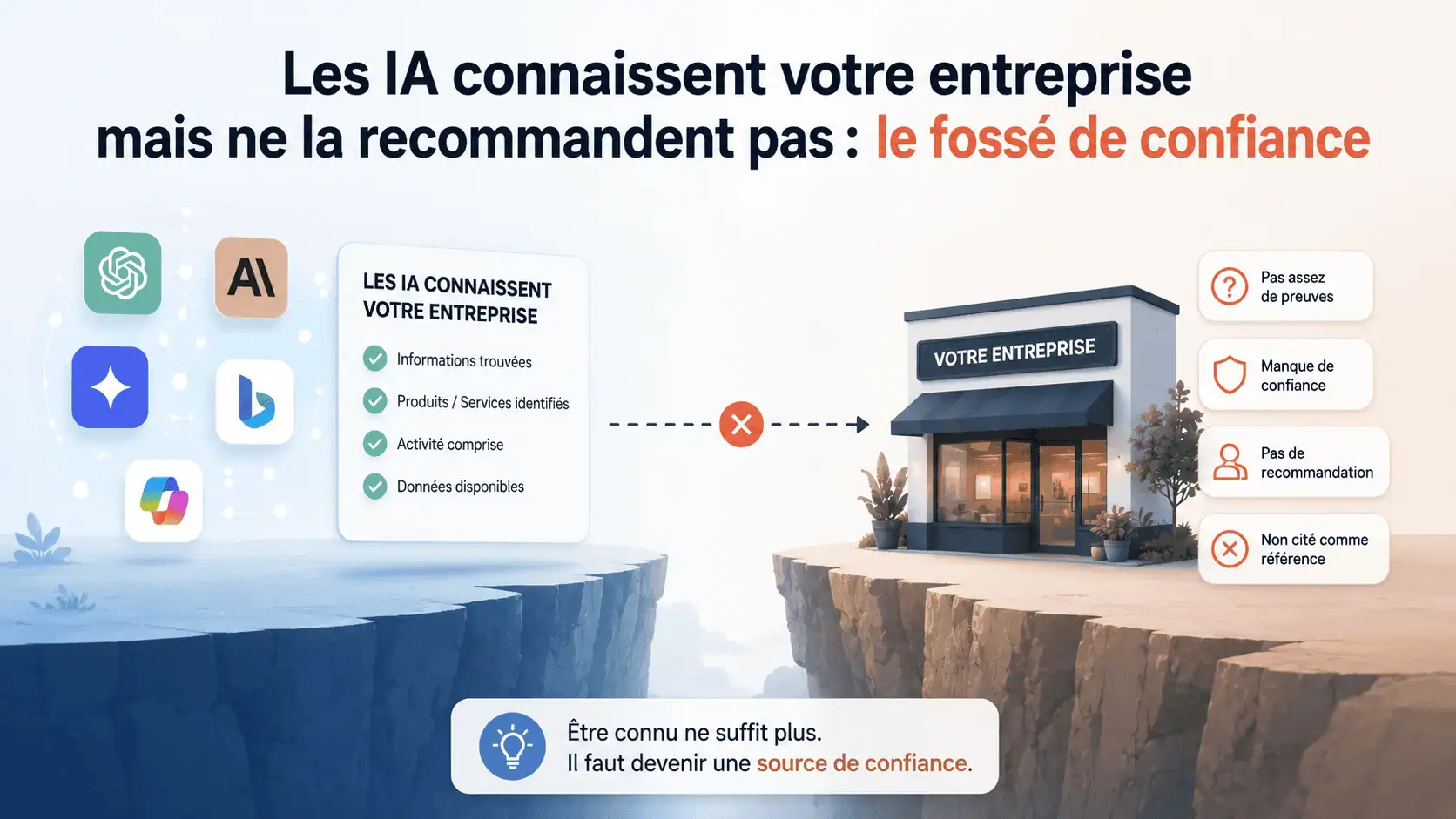 Schéma illustrant les trois niveaux de visibilité IA : inconnu, connu et recommandé — avec le fossé de confiance entre les niveaux 2 et 3