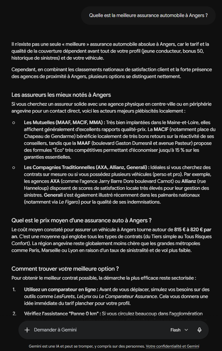Capture d'écran de la réponse de Gemini à la requête meilleure assurance auto Angers