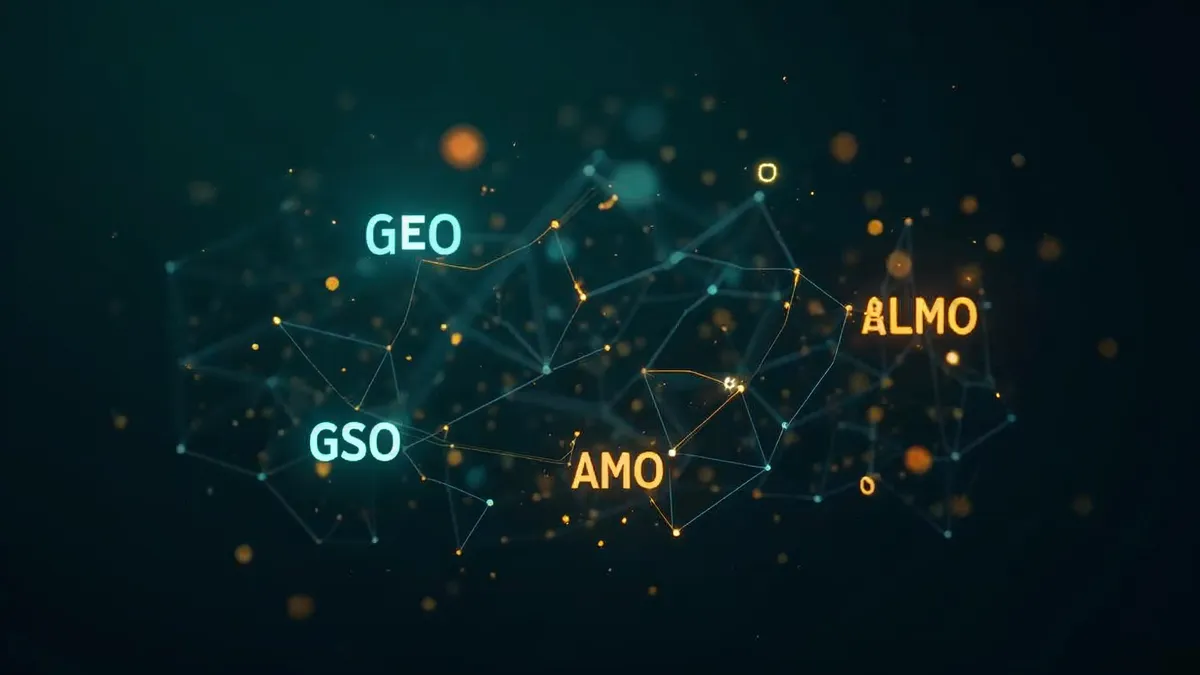 Schéma des acronymes du référencement IA : GEO, AEO, LLMO, AISO