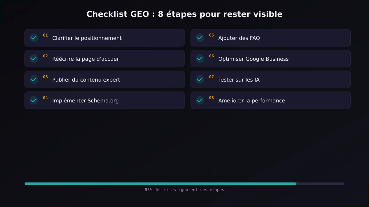 Checklist GEO en 8 étapes : positionnement, contenu expert, Schema.org, FAQ, Google Business, tests IA, performance