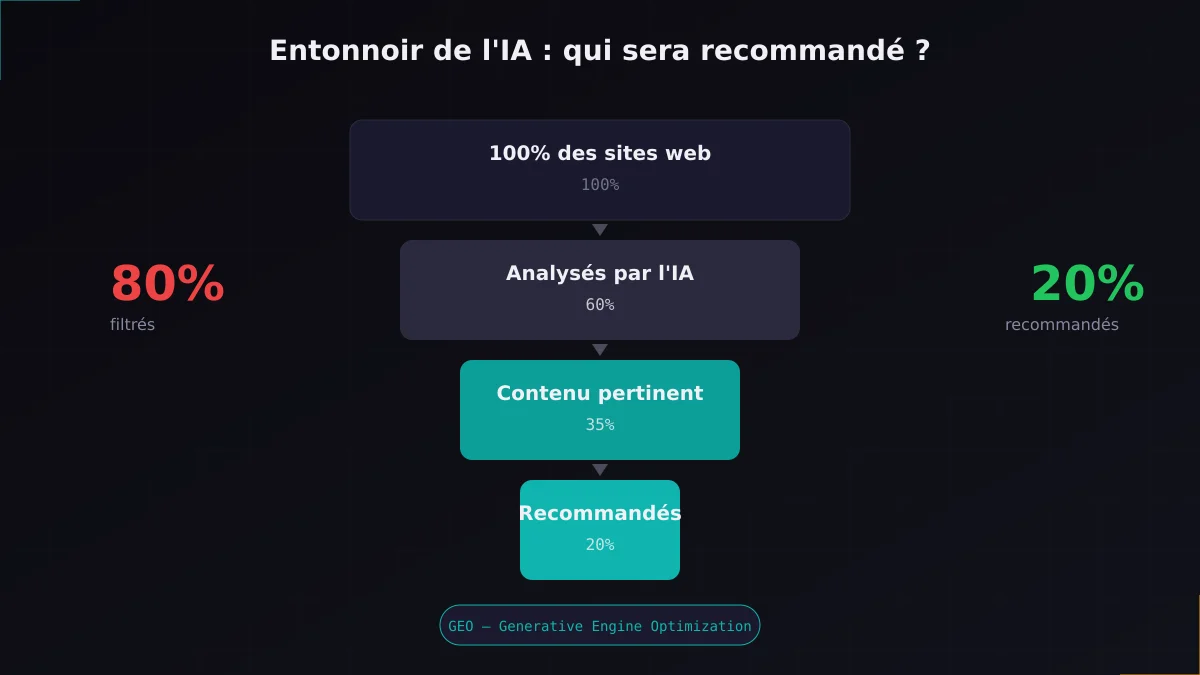 Infographie entonnoir IA : 80% des sites filtrés, 20% recommandés par les moteurs de recherche IA