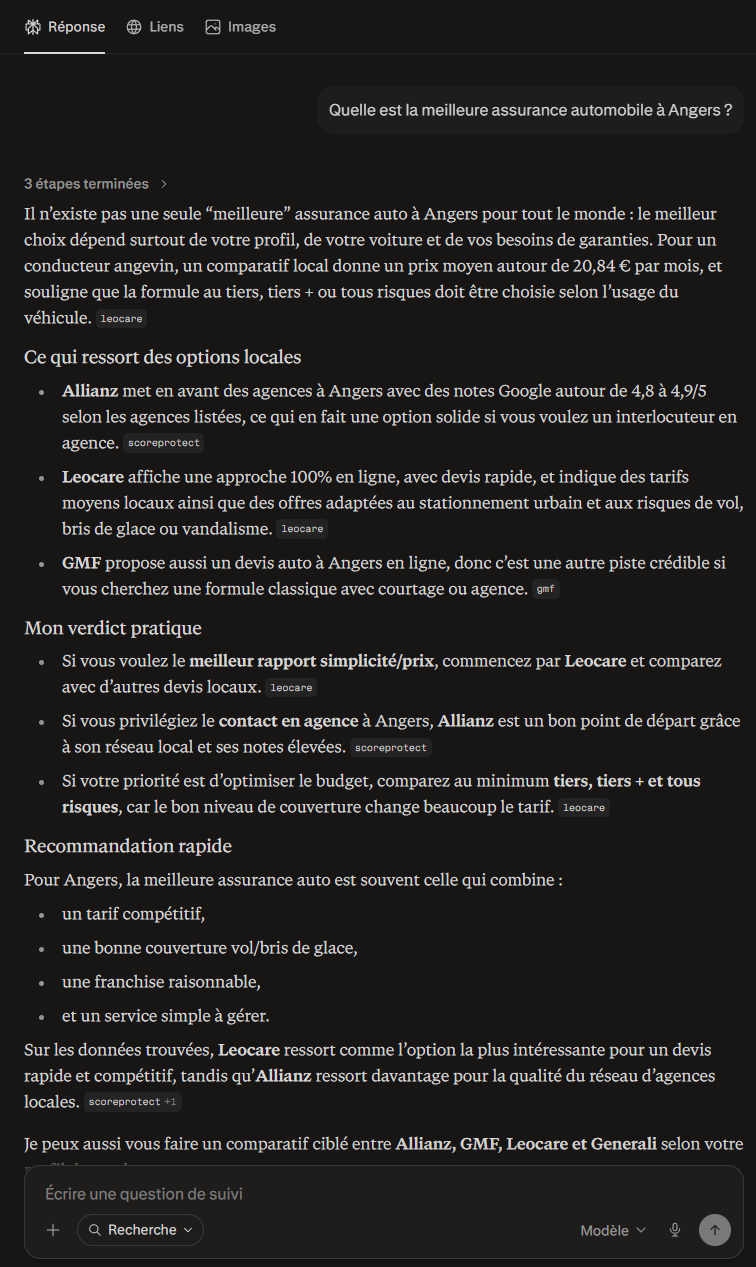 Capture d'écran de la réponse de Perplexity à la requête meilleure assurance auto Angers