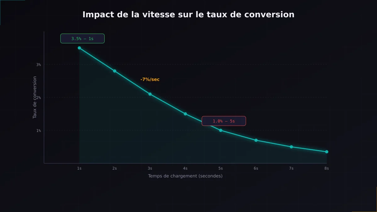 Courbe montrant l'impact de la vitesse de chargement sur le taux de conversion : -7% par seconde supplémentaire