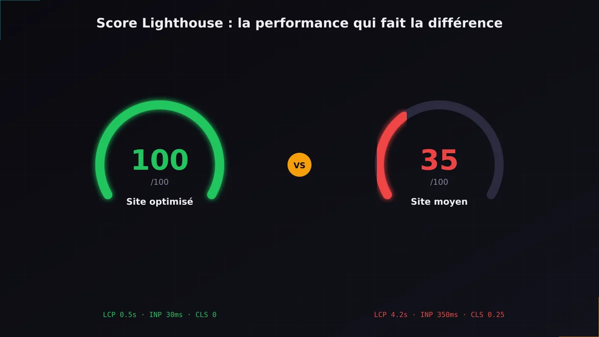 Jauges Lighthouse comparant un score de 100/100 pour un site optimisé vs 35/100 pour un site moyen