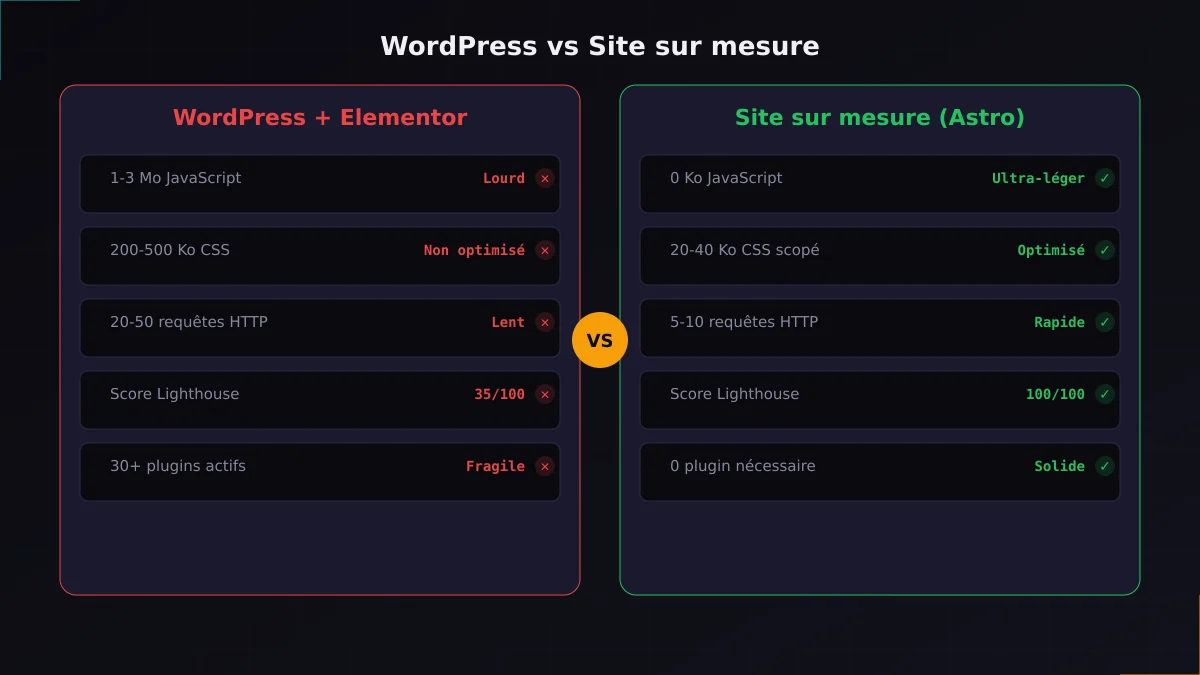 Comparatif visuel WordPress avec plugins lourds vs site sur mesure Astro ultra-léger