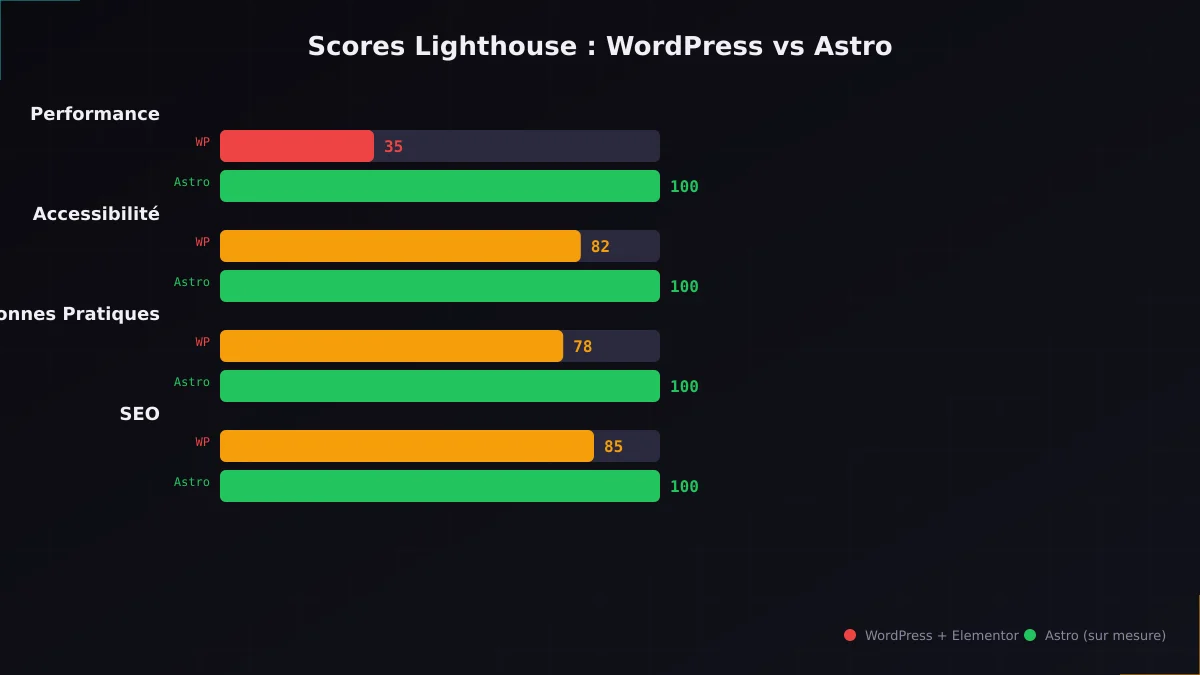 Barres de scores Lighthouse comparant WordPress (35-85) vs Astro (100/100) sur performance, accessibilité, bonnes pratiques et SEO